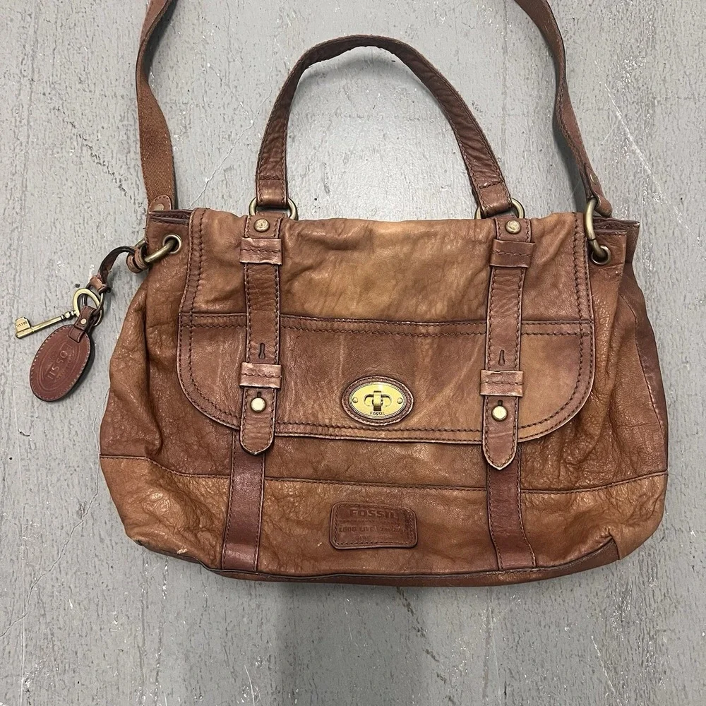 Fossil Leather Satchel Crossbody Bag Cognac Brown Brass Turnlock Key Charm Purse